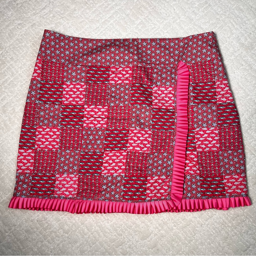 Pink nautical starfish patchwork faux wrap mini skirt 16 upcycled